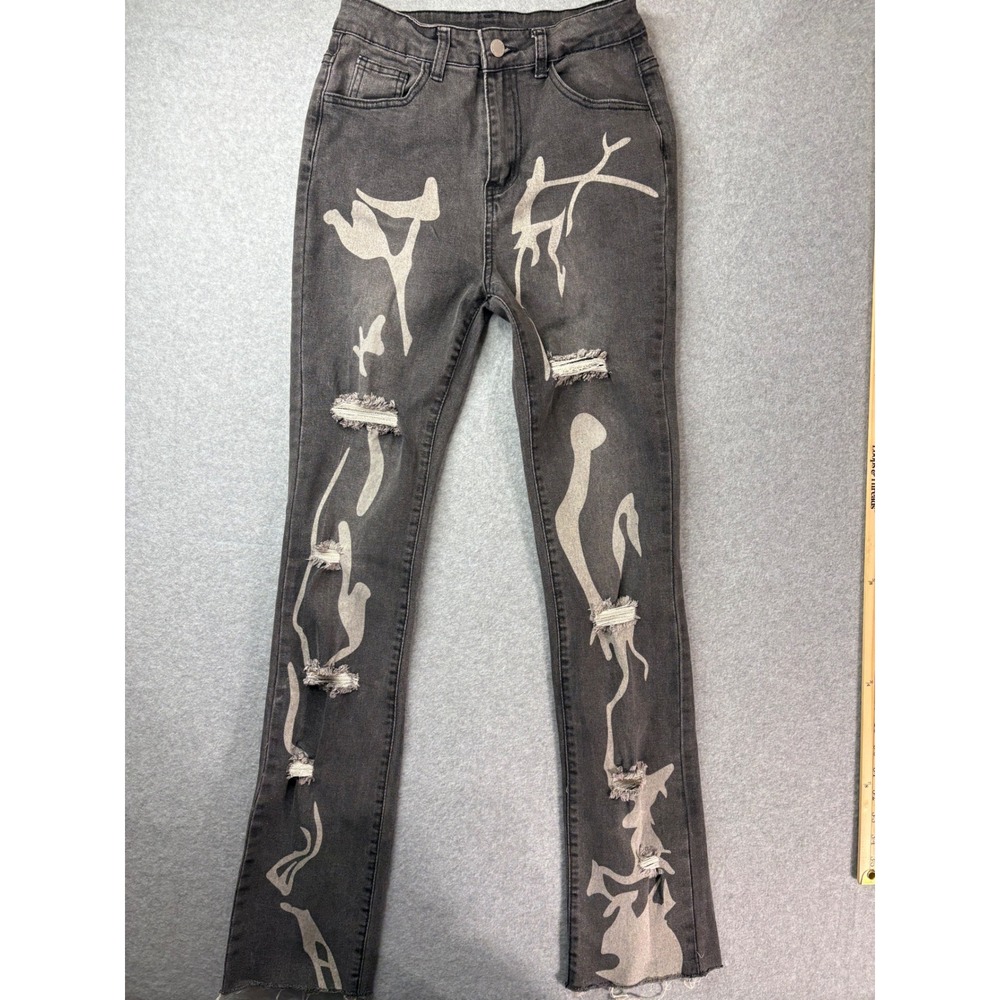 SHEIN SXY Gray Abstract Graphic Print Distressed Ripped Skinny Jeans Womens S